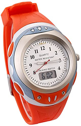English Analog-Digital Dual Display Talking Wrist Watch w/Alarm for The Blind and Low Vision, with Orange Ruber Strap 787ZTE-UK