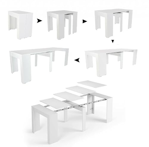Dmora - Table console à rallonge Alberique, Table avec rallonges, Console polyvalente, Table à manger extensible jusqu'à 10 places, 90/237x51h78 cm, Blanc