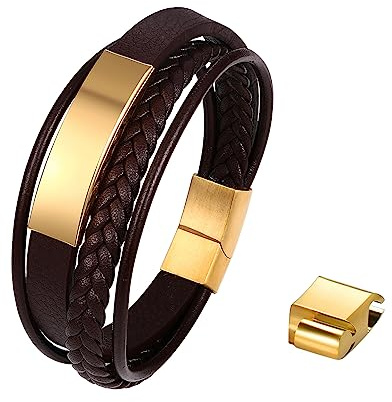 JewelryWe Schmuck Personalisiert Lederarmband mit Gravur, Handgemacht Geflochten Mehrreihiges Leder Armband Edelstahl Magnetverschluss Verstellbar Armreif Manschette für Herren Damen