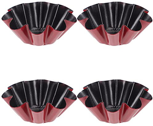 DOITOOL Egg Tart Mould, 4PCS 6.6cm Flower Shape Non Stick Mini Carbon Steel Pudding Moulds, Tart Pan, Chocolate Pudding Molds,Kitchen Reusable Baking Tools for Cupcake Cake Mold Muffin Tin，Red Black