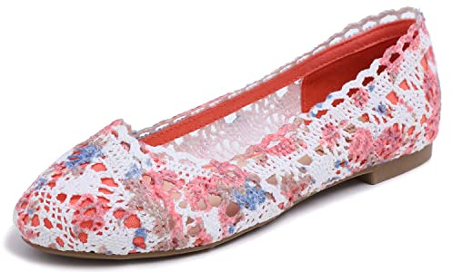 Feversole rund tå spets balett virkning platta kvinnor bekväma andningsbara skor, Röd blomma stickad virkning, 36.5 EU