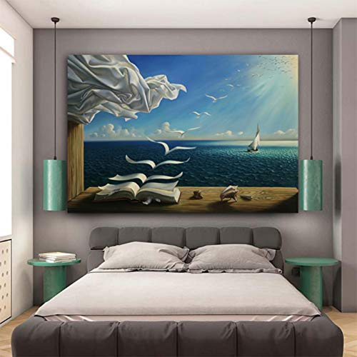 HOLEILUCK Salvador Dali Landschaft Leinwand Gemälde Poster und Drucke Wellen Buch Segelboot Wandkunst Bild für Wohnzimmer Wohnkultur 70 x 90 cm (28 x 36 Zoll) Mit Rahmen