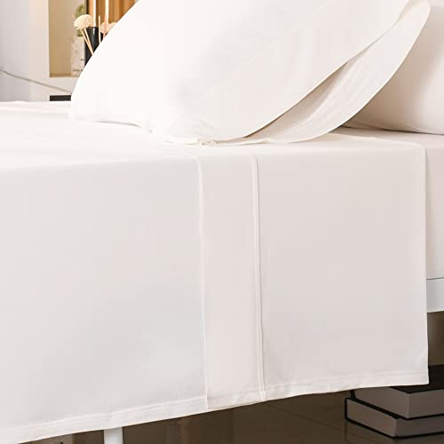 PURE ERA Jersey Knit Flat Top Sheet Only 100% T-Shirt Heather Cotton Super Soft Comfy Breathable (1-Pack, Queen, Off White)
