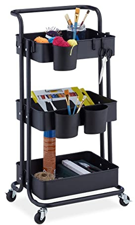 Relaxdays Rollwagen, 3 Etagen, 2 Bremsen, schwarz | Allzweckwagen für Küche und Büro, Rollregal HBT 86x38x39 cm, Metall