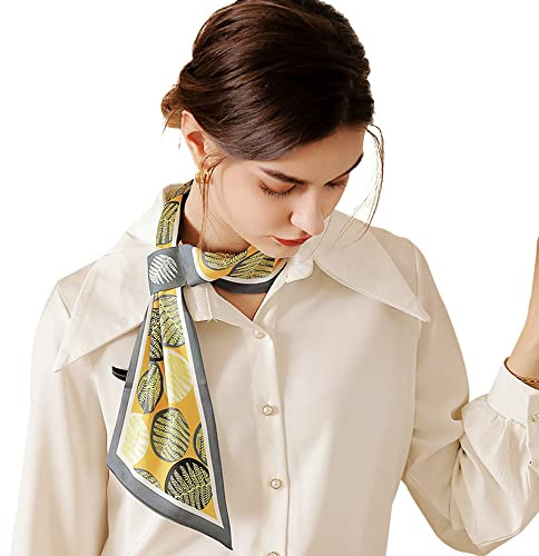 Camilife Damen Mädchen Kunstseide Langer Schmaler Seidenschal Halstuch Elegant Krawatte Schal Sanftmütig Haarschal Haar Accessoire Gürtel15×70cm - Blattmuster Orange
