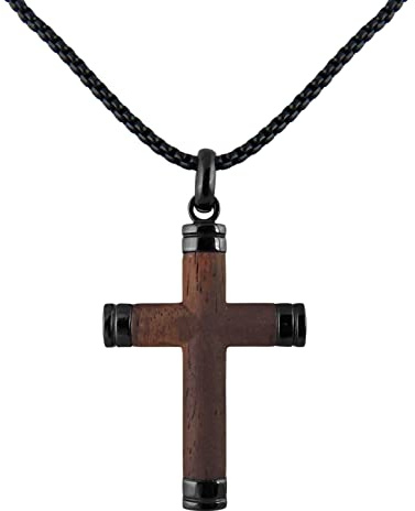 Hanessa Personalisierte Kette mit Gravur Edelstahl 60 cm mit Anhänger Kreuz Holz - Personalisierte Halskette für Männer und Frauen - Personalisierter Schmuck Damen Herren