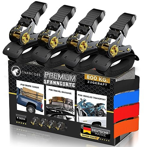 Gnarcore© wetterfeste Premium Spanngurte mit Ratsche (4er Set) - Ohne schmerzhaftes Einschneiden Dank Griff - 4 & 6 Meter inkl. Tragebeutel, 2-in-1 Leder-Schutz & Klettbänder - bis 800 Kg