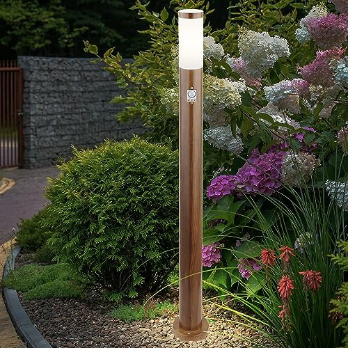 LED Pollerleuchte mit Bewegungsmelder Außenlampe Standleuchte IP44 Gartenlampe Holzoptik, Wetterfest, modern, Edelstahl opal braun, 9 W 810lm warmweiß, DxH 12,7x110cm
