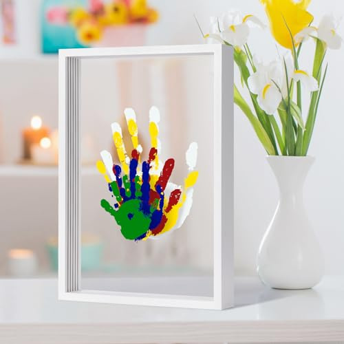 Kit trasparente per impronte di mani, regalo per neogenitori, regalo per la famiglia, cornice in legno fai da te, 5 colori atossici inclusi, fogli trasparenti (bianco)