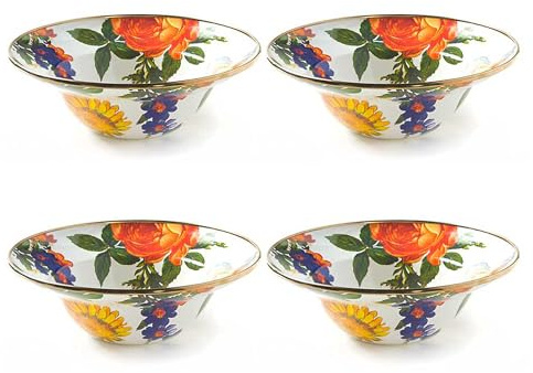 MACKENZIE-CHILDS Enamel Breakfast and Soup Bowl, Dinnerware, White Flower Market, Set of 4