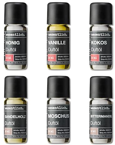wesentlich. Juego de aceites aromáticos, composiciones aromáticas armónicas para quemadores, difusores y velas: vainilla, coco, miel, sándalo y almizcle, almendra amarga