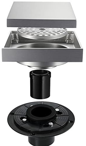 Quadratischer 4-Zoll-Duschbodenablauf, Duschablauf mit 2-in-1-Flach- und Flieseneinsatzabdeckung, Bodenablauf aus Messing mit geradem PVC-Rohr und Flansch, inklusive Haarsieb, Chrom ( Color : Brushed