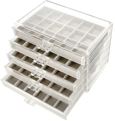 QWORK® Portagioie in acrilico, con 5 cassetti, organizer per gioielli, contenitore per gioielli trasparente, grigio