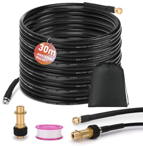 Kit de tuyau de nettoyage de canalisations 30 m pour K2 K3 K4 K5 K6 K7, 180 bar 60 °C, avec sac, buses rigides, déboucheur de canalisation, tuyau de vidange pour nettoyeur haute pression