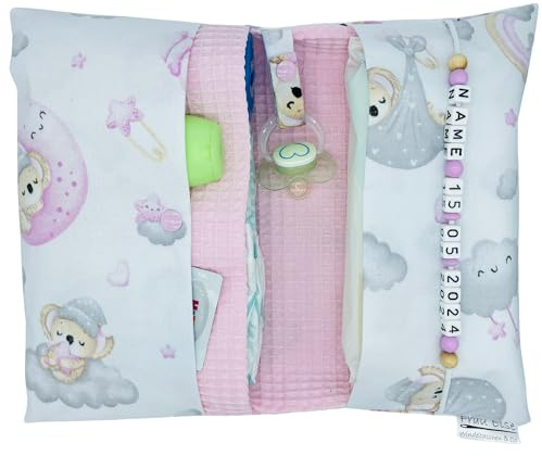 Große Windeltasche für unterwegs mit Namen personalisiert - für Mädchen - Wickeltasche mit Waffelpique - Koala auf Wolken - weiß rosa hellgrau