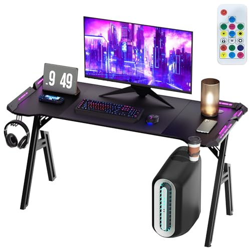 FIVMEN Gaming Tisch Gaming Schreibtisch mit LED 140x60 cm Computertisch mit Kohlefaseroberfläche Schreibtische Bürotisch PC Tisch mit Kopfhörerhaken und Getränkehalter, Schwarz