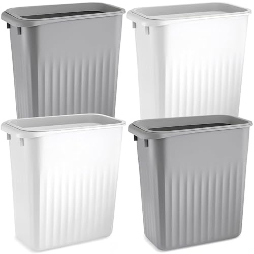 Elsjoy 4 Pack 7.5L Plastic Slim Trash Can, Nestable Rectangular Wastebasket - Space Saving Small Garbage Bin for Bathroom, Office, Kitchen, Bedroom (White and Grey)