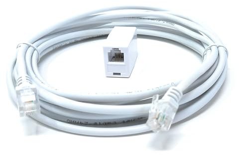 DRUT RJ11 to RJ11 ADSL 2+ Cable, 4m Male to Male | Female Coupler, BT Telephone, Broadband, Modem Extension Lead, Gold Plated Connectors, White, 13ft