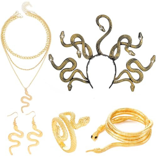 Reaky Schlangen-Schmuckset Schlangen-Halskette und Ohrringe Medusa-Schlangenkostüm Hollween-Schmuck für Frauen (5PCS Halskette Ohrringe Ring Armband Stirnband)