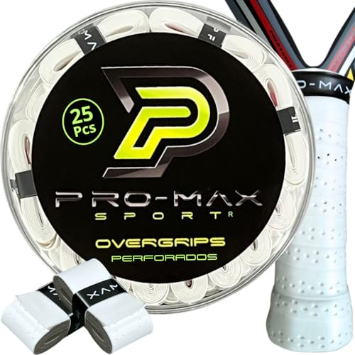 PRO-MAX SPORT Overgrips Padel Extra Adherente Perforados Blanco Pack 4/6/10/25/50 Alta Absorción Sudor Cinta Agarre Antideslizante Grip Padel Pro Sobregrip Raqueta Durabilidad Accesorios Padel (25)