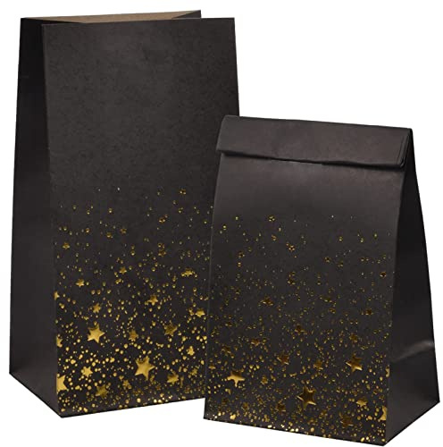 volumoon Papiertüten mit Aufkleber, 12 Stück Geschenktüten Kindergeburtstag, Bronzing Kraft Tasche mit Gold Herz Verzierung, Candy Tüten mit Sternenmuster, für Weihnachten Hochzeit, Feiern.