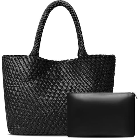 DSGUTWO Große gewebte Tragetasche für Damen, veganes Leder, geflochtene Handtasche und Geldbörsen, Schultertaschen mit Tragegriff oben, Schwarz, X-Large