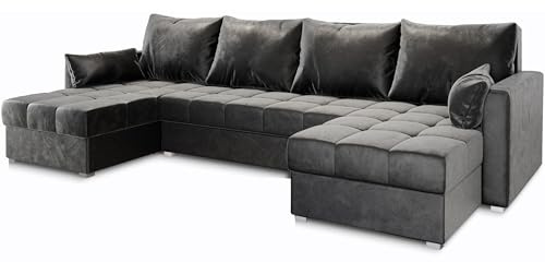 Masseno Canapé d'angle NAKO avec Fonction Couchage Forme en U, Classique, avec Coffre de Rangement, Ensemble canapé de Salon - Gris