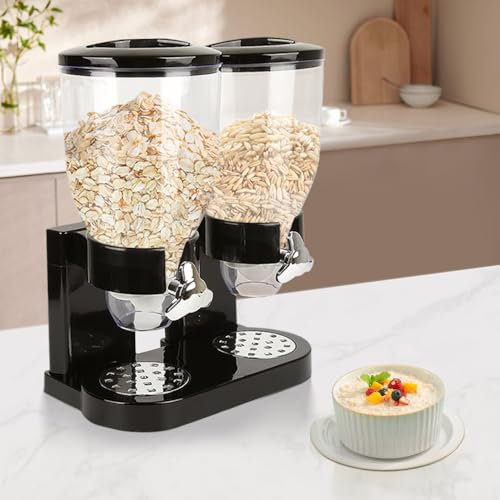 VIIROUD - Dispensador de cereales (frutos secos, pastas y caramelos, doble recipiente, dos recipientes de 3,5 L, sistema giratorio, sin BPA, 35 x 34,5 x 20 cm), color negro