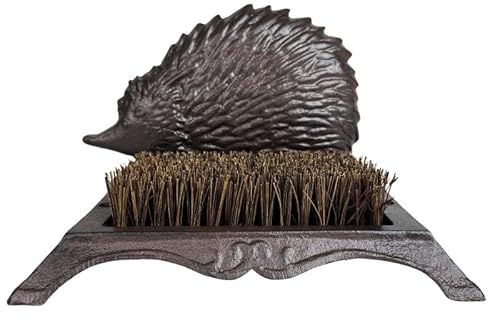 L'Héritier Du Temps Foot Scraper with Foot Brush and Shoes Hedgehog Design in Patinated Cast Iron Brown 16 x 16.5 x 25 cm