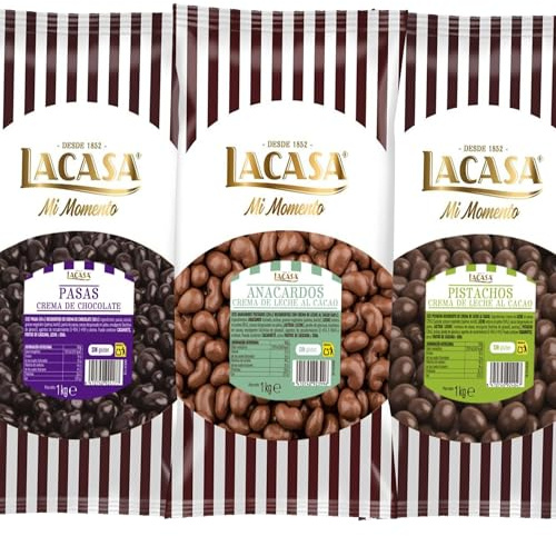 Lacasa Pack 3kg de bolas: Pasas de Corinto con chocolate Negro,Anacardo leche,Pistachos con chocolate Leche