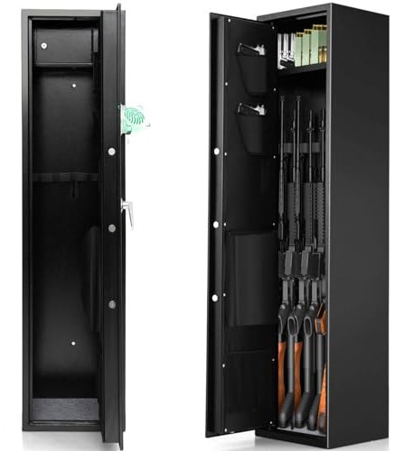 Armoire à fusil à 5 armes – 57 longs stockage avec clavier numérique, 2 clés d'urgence, boîte de verrouillage biométrique à empreintes digitales et poches de rangement, coffre-fort de sécurité antivol
