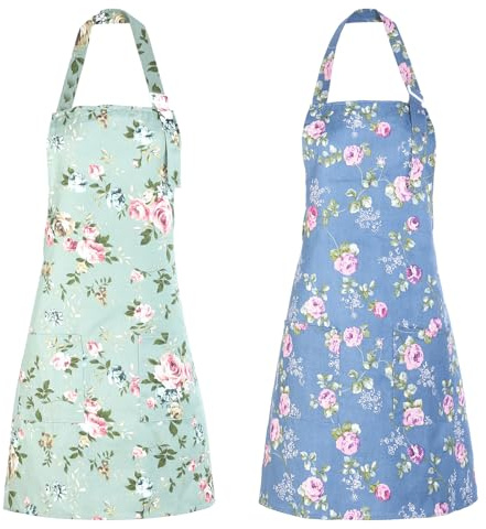 TIESOME 2Pcs Floral Aprons for Women with Pockets, Adjustable Kitchen Apron Cute Rose Floral Aprons Chef Bakers Apron Cooking Pinafores for Cooking Baking Gardening Gift for Mom Wife Sister Grandma