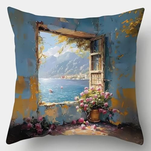 ANSIWEIGO Kit Point Noué Coussin,Canevas à Nouer 43x43 cm,Activité DIY pour Débutants, Enfants et Adultes,Décoration Maison et Cadeau Fait Main,Paysage à l'extérieur de la fenêtre
