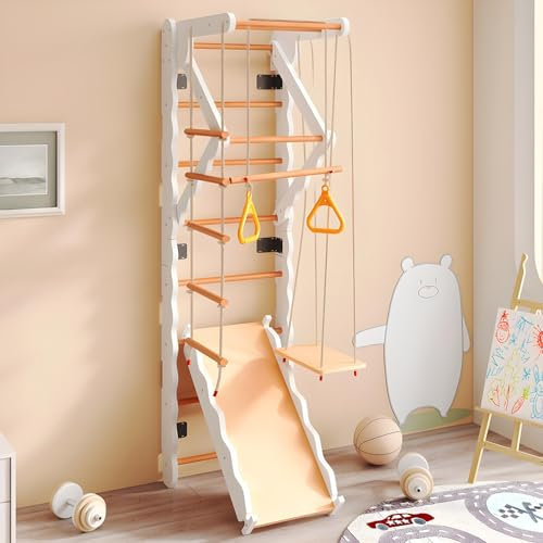 Juego De Espaldera Multifuncional Para Niños:Estructura De Escalada Madera Para Interiores,Pared De Escalada,Tabla Escalada Y Tobogán,Pared De Gimnasia:Equipo Deportivo Para Niños a Partir De 3 Años.