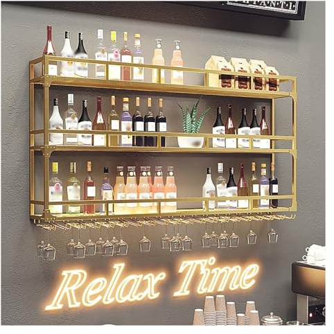 RCSTYNUK An der Wand montiertes Weinregal aus Metall, großes, Robustes Weinregal, Flaschenglashalter unter dem Regal, hängendes langes Stielglas aus Metall für die Bar im Restaurant zu Hause