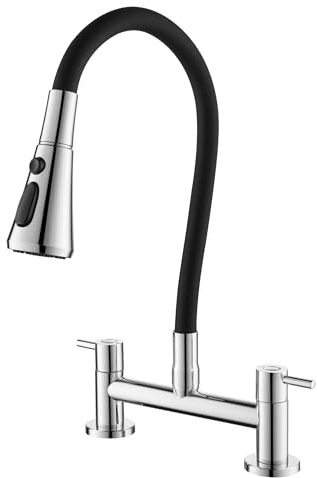 BAITUJIE Kökshandfat kranar mixer, 2 hål kökskran med 360° svängbar flexibel pip däckmonterad dubbelspak handfat köksblandare, krom och matt svart