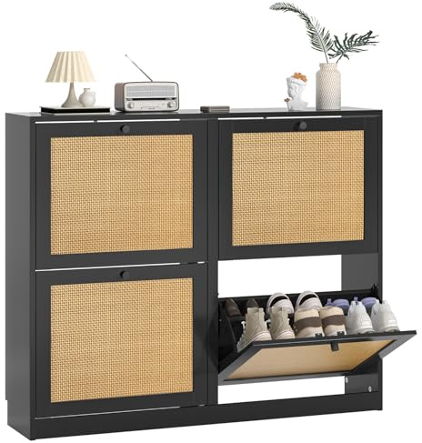 Skokliz Rattan Shoe Cabinet with 4 Flip Drawers, Freestanding Shoe Storage Cabinet with Adjustable Shelf & Anti-Tipping Device, Narrow Shoe Cabinet Cupboard Entryway, Hallway, Living Room