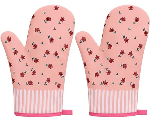 2 Set of 4 Pink Floral Oven Gloves - Heat Resistant Cotton Oven Mitts with Non-Slip Grip, Machine Washable Kitchen & Baking Accessories for Cooking