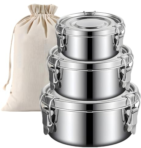 PORFOYO Edelstahl Brotdose, 3 Stück Brotdose Edelstahl 500ml/1000ml/1500ml, Edelstahl Behälter, Lunchbox Edelstahl, Edelstahl Dose Mit Aufbewahrungstasche Für Büro Picknick Zuhause