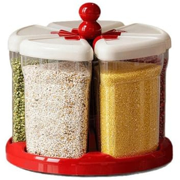 CASOME Dispensador de Cereales Giratorio de 5 Compartimentos, Contenedor de Alimentos Secos de Gran Capacidad con Rotación 360° y Tapas Herméticas, Ahorra Espacio para Arroz, Frijoles y Cereales(Red)