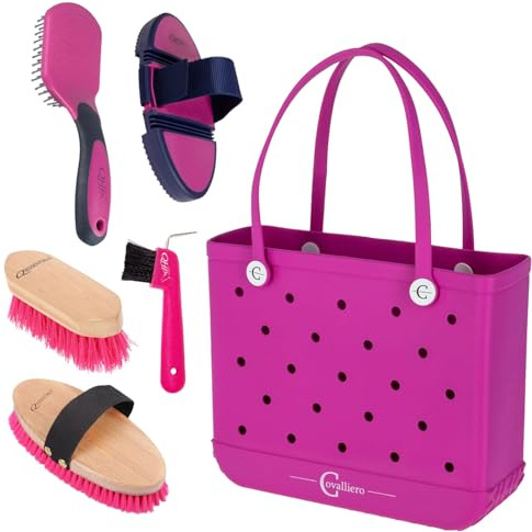 Pferde Pflegeset mit Putztasche Pinky Pony – Komplettes Putzset für Pferde mit Bürsten, Striegel, Hufkratzer & Covalliero MultiBag – Pferdepflege Set für Stall & Turnier
