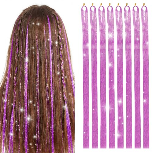 8 Packungen lila haarsträhnen kinder, 120 cm lange, glatte, lila hair tinsel-glitzer haarsträhnen für Damen und Mädchen glitzer haare für Karneval und Cosplay | Violette Haar-Lametta-Glitzer-Strähnen für Damen und Mädchen, glänzendes Festival-Zubehör für Show, Party, Karneval, Cosplay