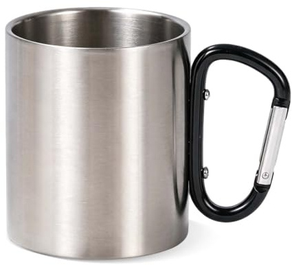 Gobelet en acier inoxydable de 300 ml avec mousqueton - Tasse à double paroi en acier inoxydable pour extérieur, randonnée, trekking, voyage, pique-nique, camping, tasse à boire pour boissons chaudes