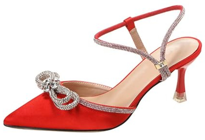 Générique Women's Wedding Sandals - Women's Sandals Comfortable and Elegant Closed Toe Diamond Pumps Stiletto Heel Sandalette Pointed Toe Luxury Evening Shoes, Red, 6 UK
