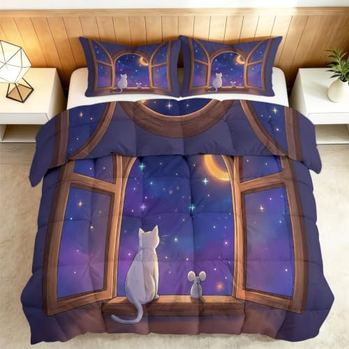 Piumino senza rivestimento, 240 x 260 cm, 4 stagioni, per bambini e bambine, motivo gatto bianco, trapunta da sogno, per tutte le stagioni, lavabile, calda e morbida
