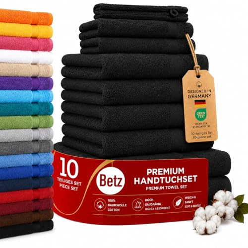 Betz Premium Handtuch-Set mit 10 Teilen – 100% Baumwolle, 4 Handtücher 50 x 100 cm, 2 große Duschtücher 70x140 cm, 2 Gästetücher 30 x 50 cm, 2 Waschhandschuhe, schwarz