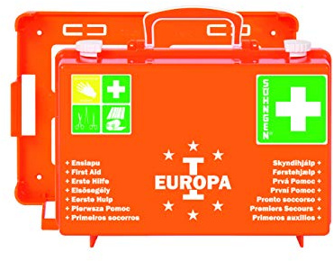 Söhngen Erste-Hilfe-Koffer Europa I gefüllt (mit Wandhalterung, Füllung nach DIN 13157, mit aluderm Verbandspäckchen, Kompressen, Rettungsdecke) orange, 03001356