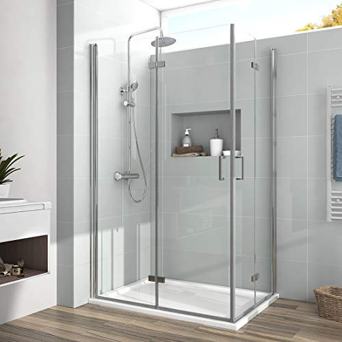 EMKE Duschkabine Eckeinstieg 75x100cm Duschabtrennung Duschwand 6mm ESG klares Sicherheitsglas Duschtür Falttür mit Seitenwand Nano Beschichtung Duschkabinen 195cm