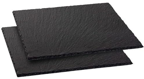 Argon Tableware Slate Serving Platter - Square - 33cm - Pack of 2 - Black Natural Slate Rustic Raw Cut Serving Platter Fruit Savoury Placemat Cheese Board with Soft Padded Feet