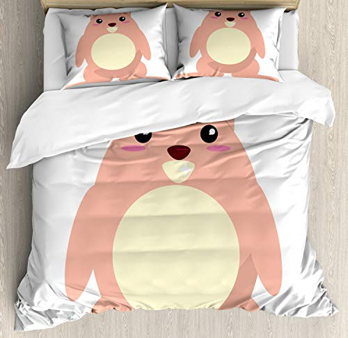 Ambesonne Anime Duvet Cover Set, Beaver Cartoon in Kawaii Style Funny Character for, Decorative 3 Piece Bedding Set with 2 Pillow Shams, California King, Pale Coral and Cream